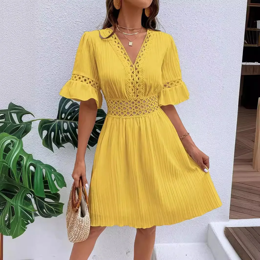 Samanta - Vestido de Encaje Corto Informal con Cuello en V de Cintura Alta Primavera Verano para Mujer