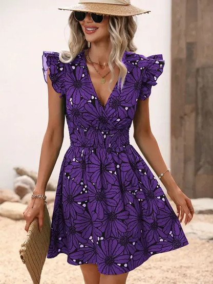 Flor - Vestido Corto Estampado de Flores y Cuello en V Primavera Verano para Mujer