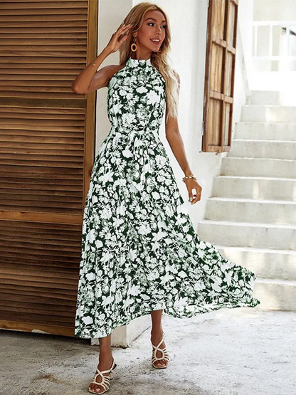 Alexandra - Vestido Largo Elegante con Estampado Floral con Cuellos Cerrado sin Mangas Primavera Verano para Mujer