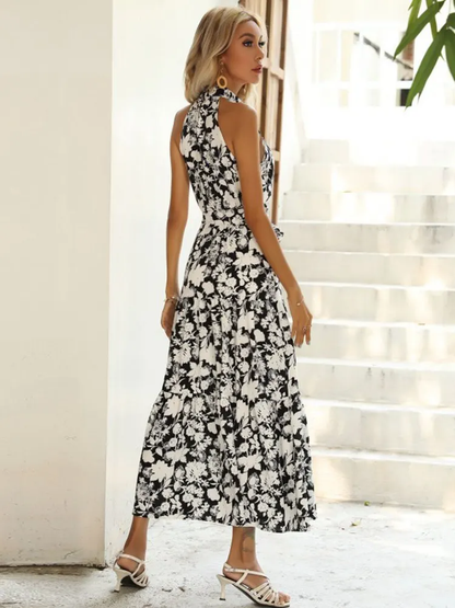 Alexandra - Vestido Largo Elegante con Estampado Floral con Cuellos Cerrado sin Mangas Primavera Verano para Mujer