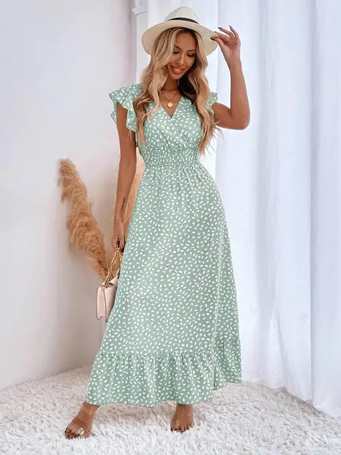 Jazmin - Vestido Elegante Largo de Cintura Alta con Cuello en V Primavera Verano para Mujer