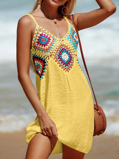 Maribel - Vestido Playero Corto con Cuello en V de Crochet Primavera Verano para Mujer