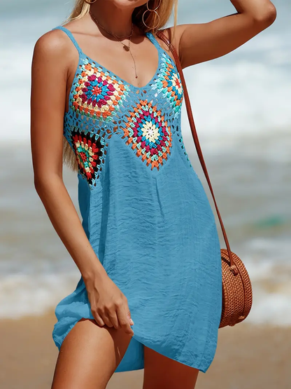 Maribel - Vestido Playero Corto con Cuello en V de Crochet Primavera Verano para Mujer