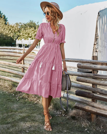 Dana - Vestido Largo a Rayas de Manga Corta Primavera Verano para Mujer