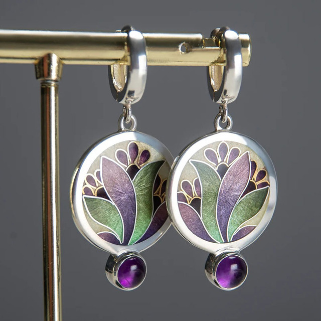 Pendientes Boho con Cristales Morados en Plata