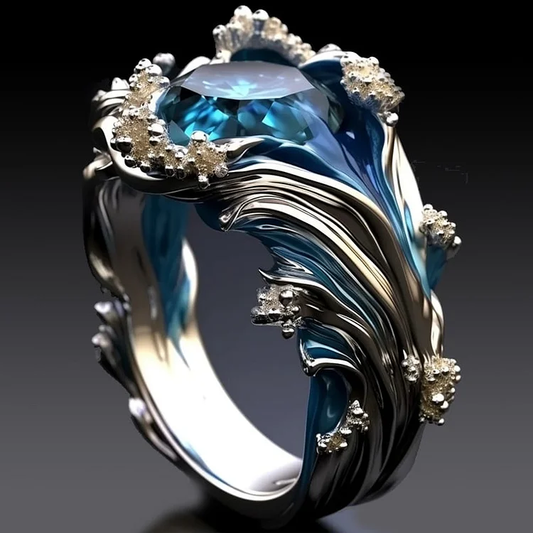 Anillo Vintage de Cristal y Olas del Océano