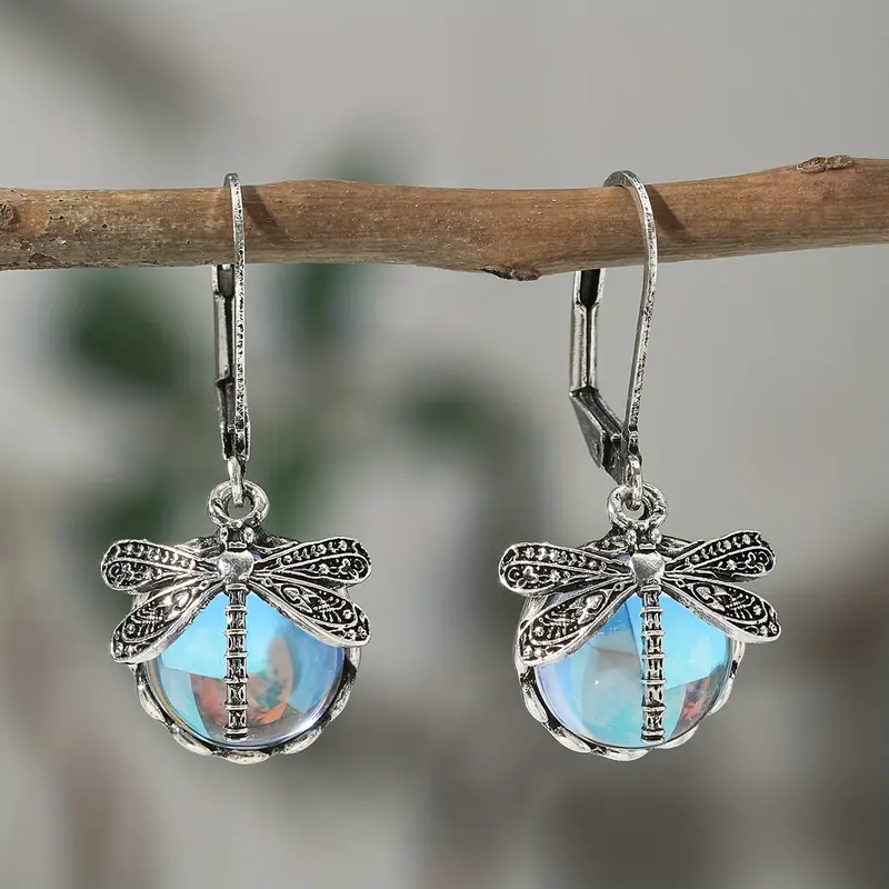 Pendientes de libélula azul con cristal en plata