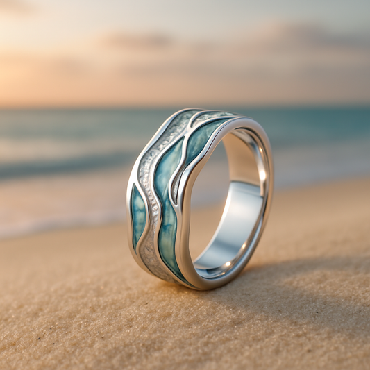 Anillo de Olas Plateadas y Turquesa