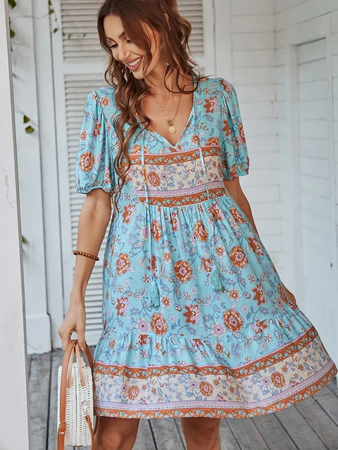 Ainara - Vestido Bohemio Chic y Escote en V Primavera Verano para Mujer