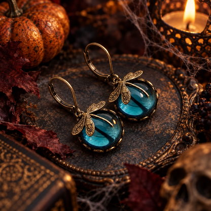 Pendientes de Libélula con Cristal en Oro Antiguo - Vintage